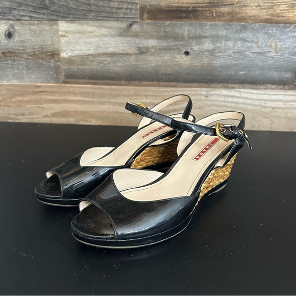 Prada Shoes - PRADA Womens Patent Leather Peep Toe Buckled Platform Sandals Black EU 40 Read